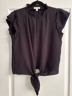 TAMARA H Tie-Front Ruffle Sleeve Blouse in Black
